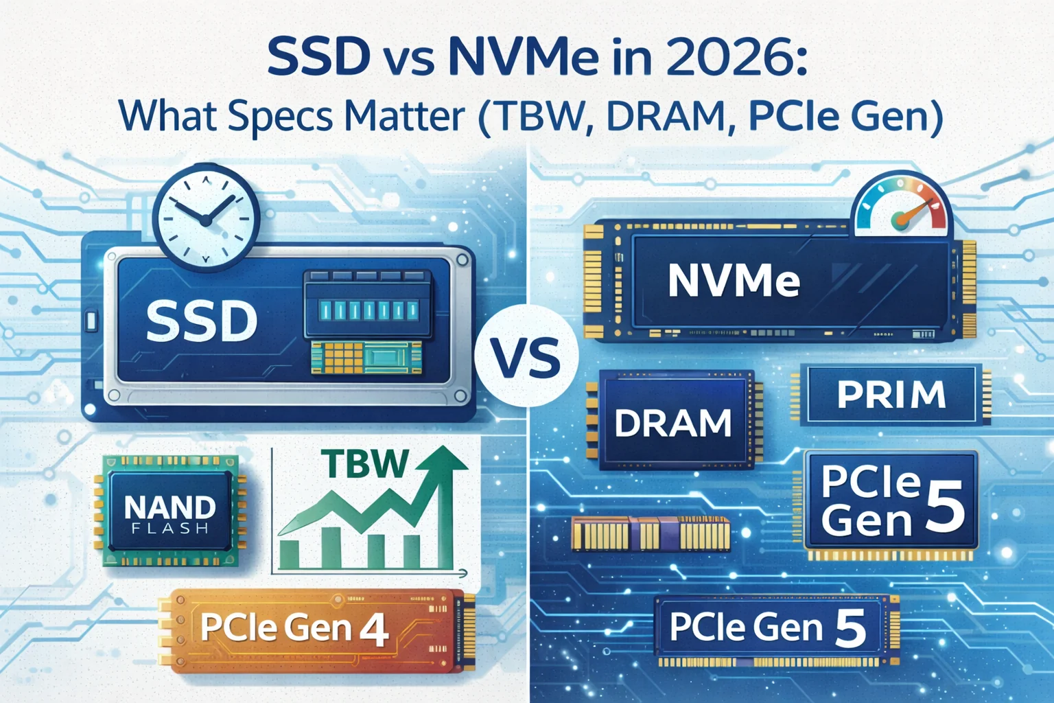 SSD vs NVMe in 2026: What Specs Matter (TBW, DRAM, PCIe Gen) SSD vs NVMe in 2026: What Specs Matter (TBW, DRAM, PCIe Gen)