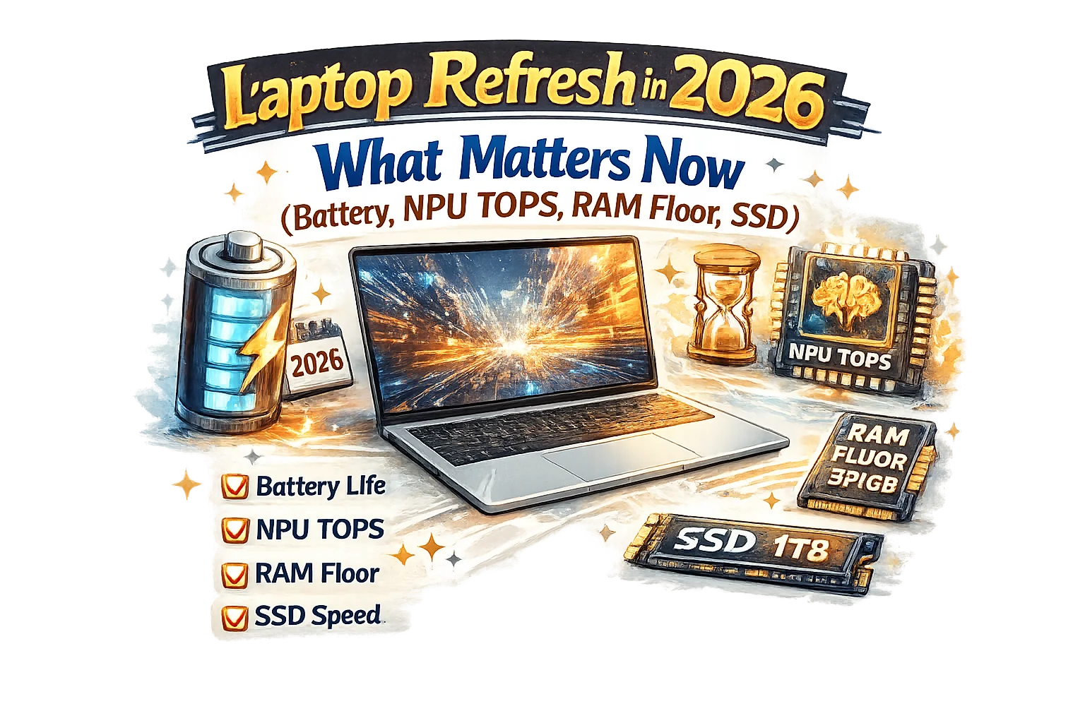 Laptop refresh in 2026: what matters now (battery, NPU TOPS, RAM floor, SSD) Laptop refresh in 2026: what matters now (battery, NPU TOPS, RAM floor, SSD)